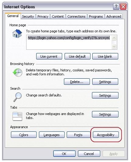 Accessibility options in Internet Explorer