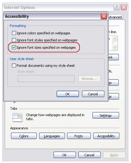 Ignore font sizes specified on web page